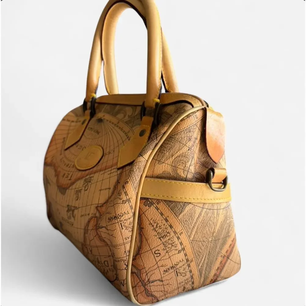 Allan Edward Vintage Map Print Handbag with Genuine Leather Trim